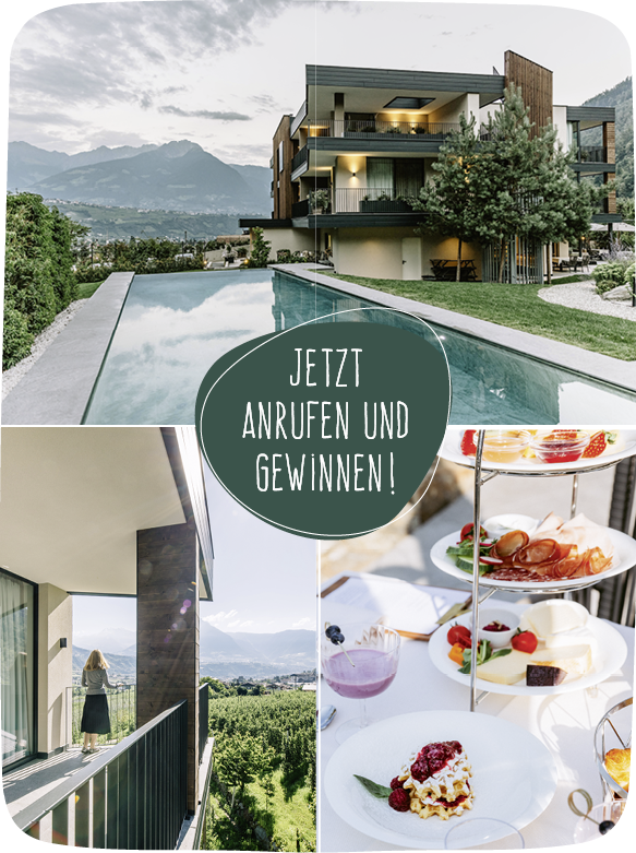 Eine Collage aus drei Bilder, Hotel mit Pool und Aussicht auf die Berge, Korb mit Brötchen und Croissants, sowie eine Frau auf einem Balkon, die auf die Berge im Hintergrund blickt. Darauf ein Button mit der Aufschrift: Jetzt anrufen und gewinnen!