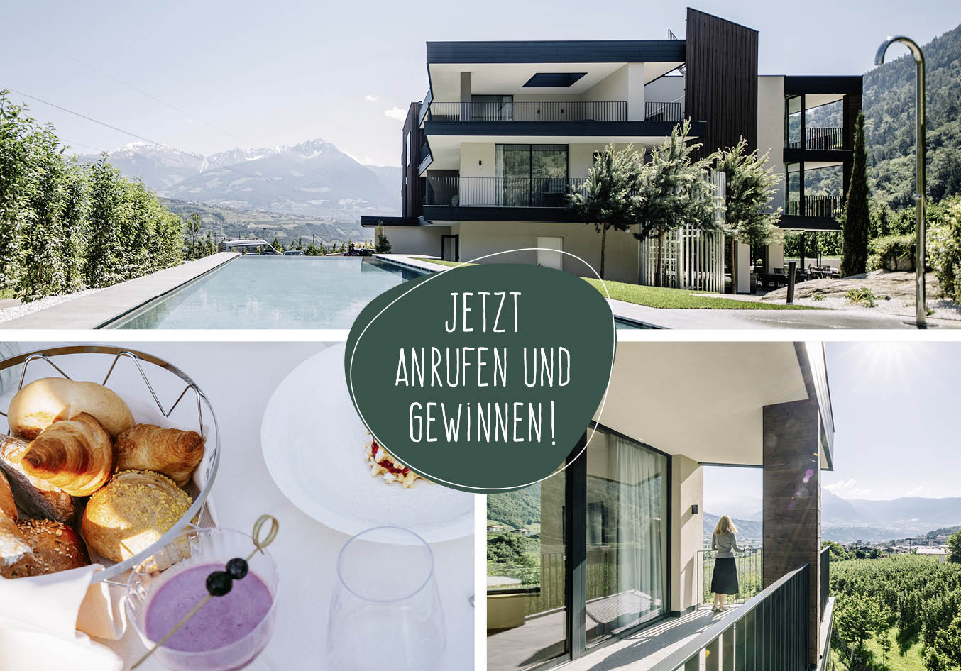 Eine Collage aus drei Bilder, Hotel mit Pool und Aussicht auf die Berge, Korb mit Brötchen und Croissants, sowie eine Frau auf einem Balkon, die auf die Berge im Hintergrund blickt. Darauf ein Button mit der Aufschrift: Jetzt anrufen und gewinnen!